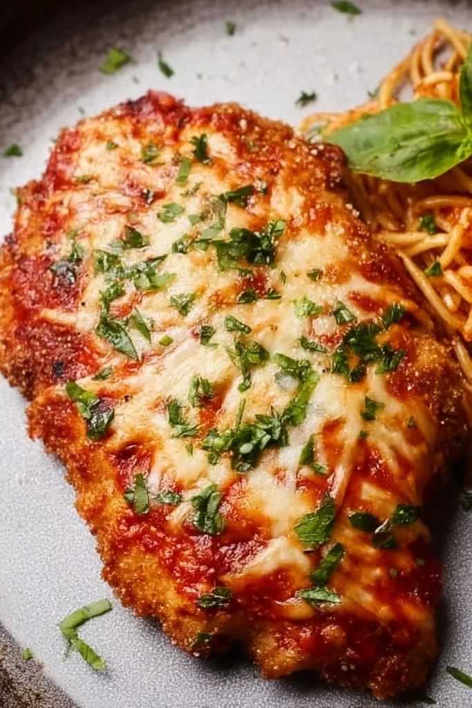 Delicious Baked Chicken Parmesan served with marinara sauce and cheese
