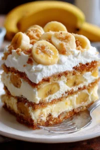 A slice of banana pudding cake with layers of creamy banana and vanilla