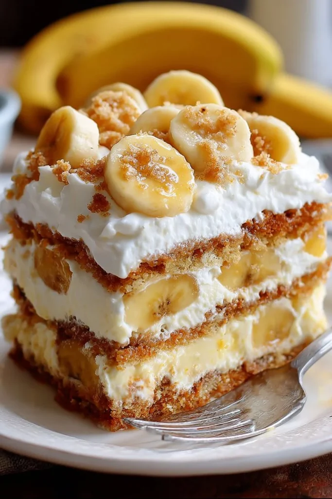 A slice of banana pudding cake with layers of creamy banana and vanilla
