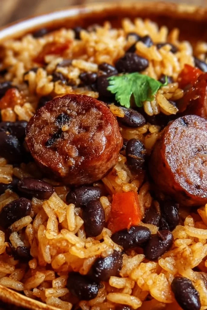 Delicious black beans and rice with sausage served in a bowl