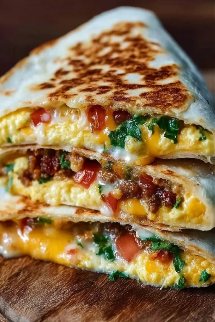 Homemade Breakfast Crunchwrap filled with eggs, cheese, and vegetables