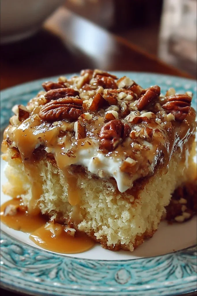 Butter Pecan Praline Poke Cake topped with pecans and drizzled with praline sauce