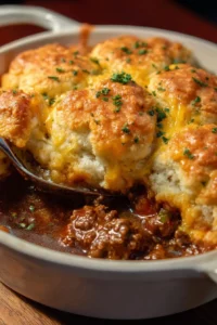 Cheddar Bay Ground Beef Cobbler served in a rustic dish