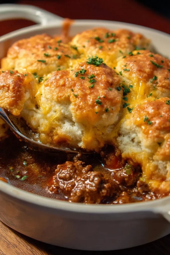 Cheddar Bay Ground Beef Cobbler served in a rustic dish