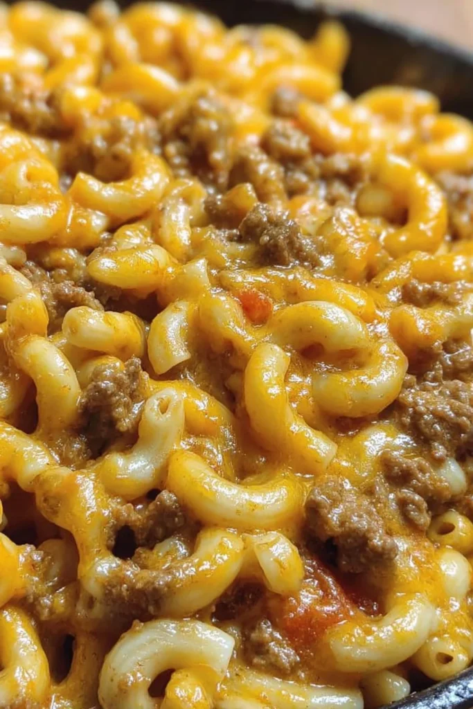 Cheese Steak Hamburger Helper prepared and served in a bowl, showcasing hearty ingredients.