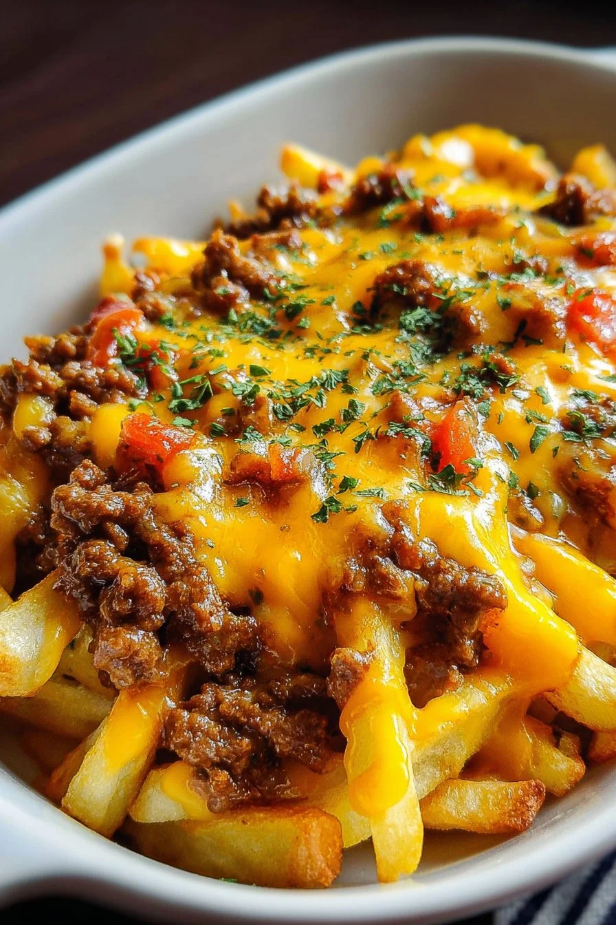 Cheeseburger casserole with French fries topped with melted cheese