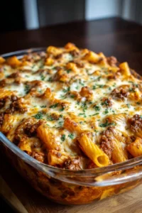 Cheesy Beef Rigatoni Bake topped with melted cheese and herbs