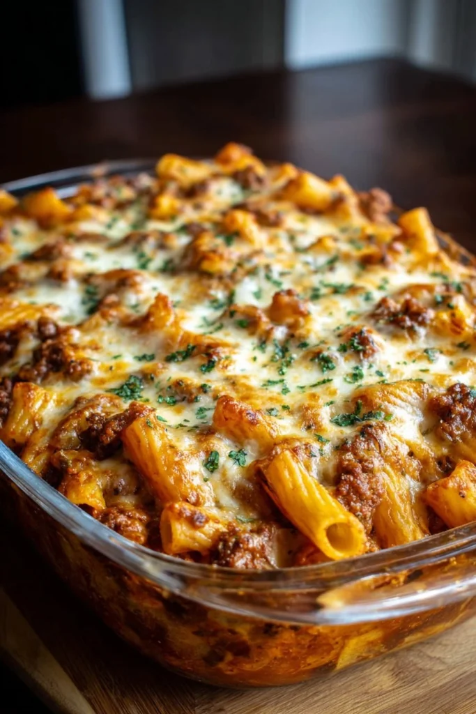 Cheesy Beef Rigatoni Bake topped with melted cheese and herbs