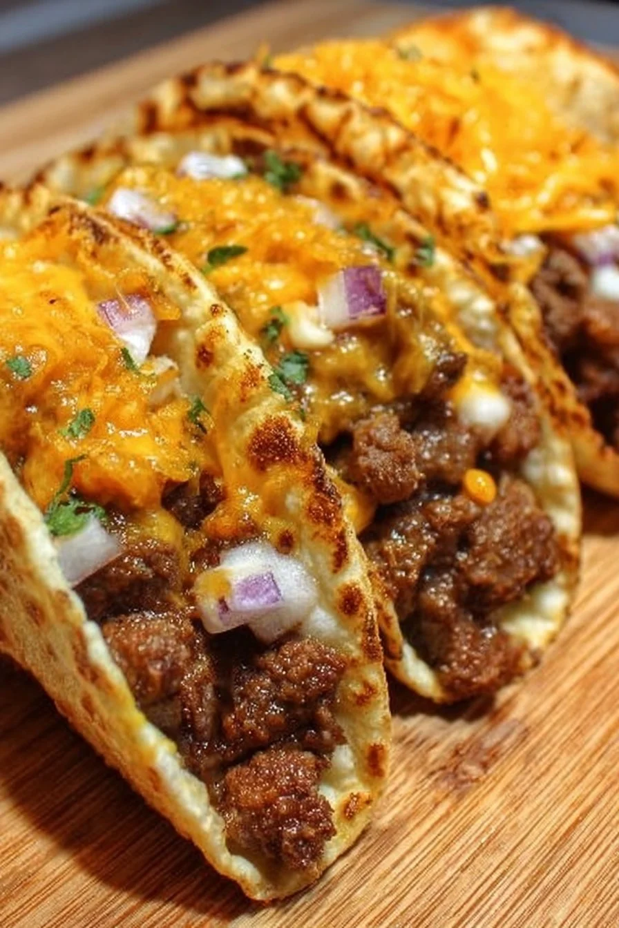 Delicious cheesy beef tacos served with fresh toppings and salsa