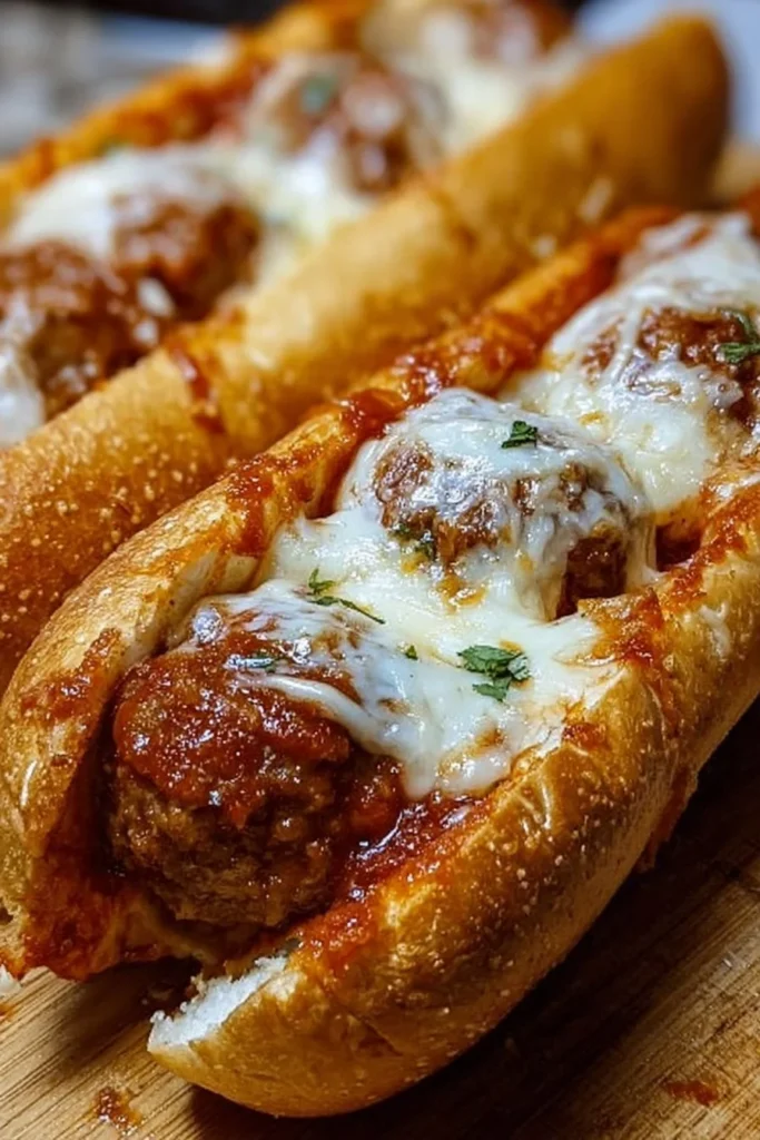 Delicious cheesy meatball subs with marinara sauce and melted cheese