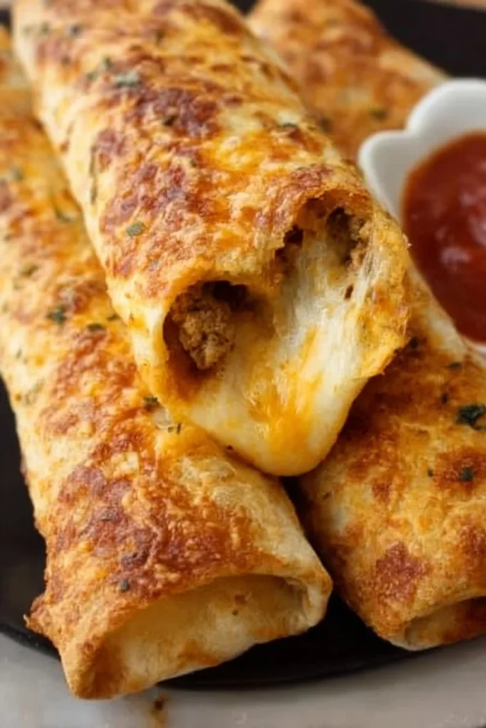Cheesy taco sticks served with dipping sauce on a plate.