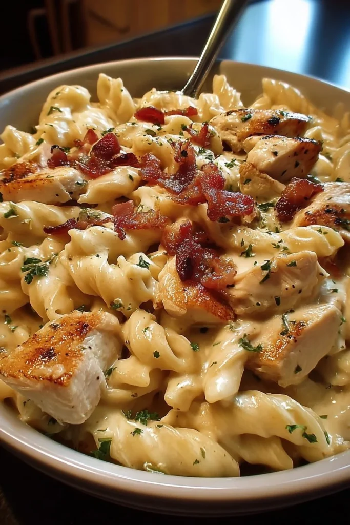 Creamy Chicken Bacon Ranch Pasta served in a bowl with fresh herbs
