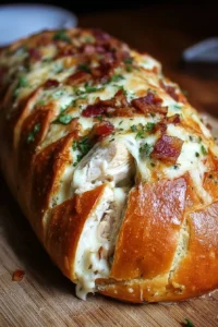 Delicious Chicken Bacon Ranch Stuffed Bread with melted cheese and crispy bacon