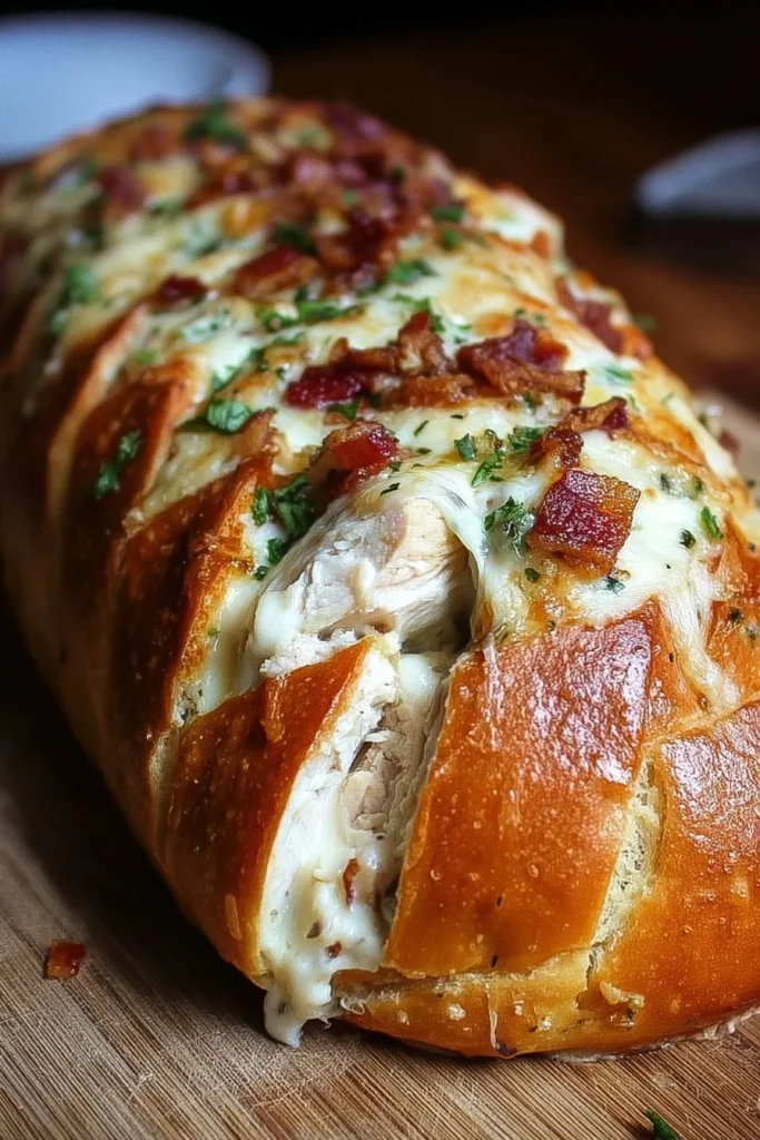 Delicious Chicken Bacon Ranch Stuffed Bread with melted cheese and crispy bacon