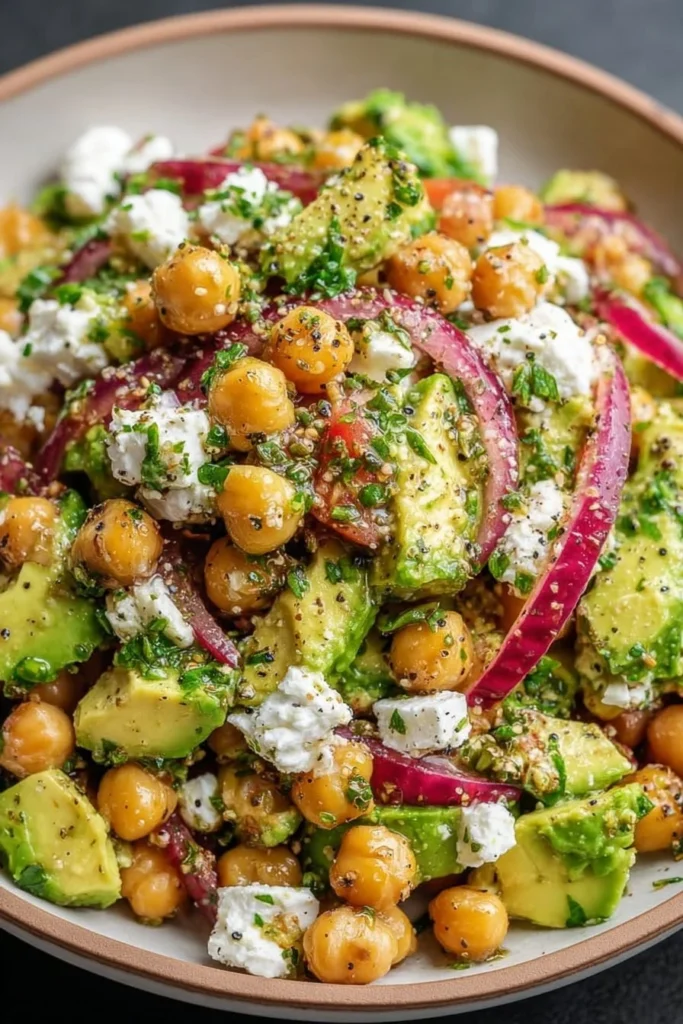 Chickpea Feta Avocado Salad with colorful vegetables in a bowl