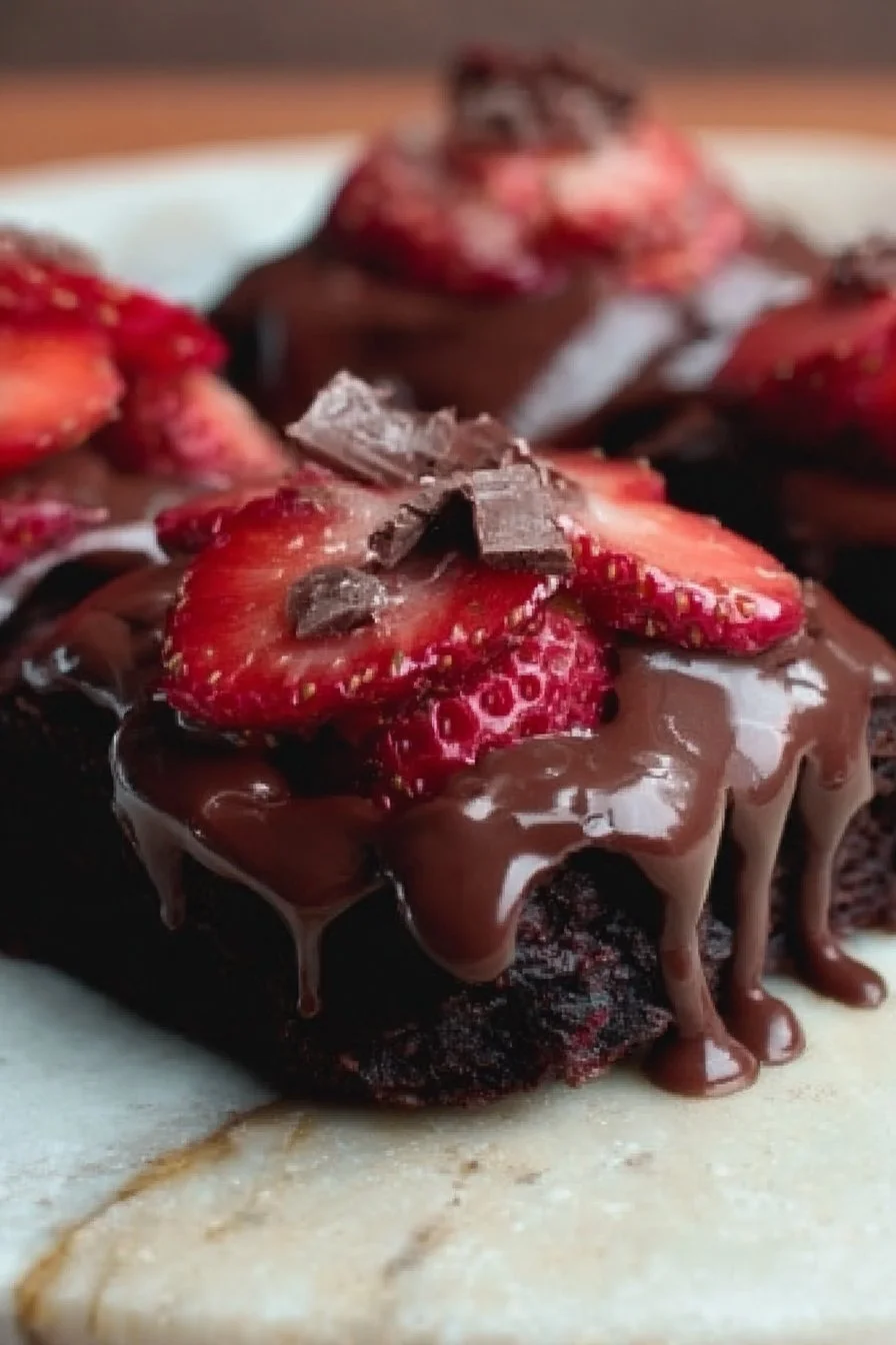 Delicious Chocolate Covered Strawberry Brownies on a white plate