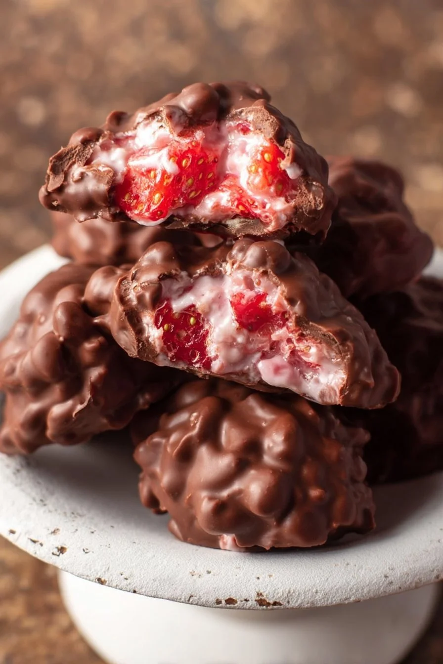 Delicious chocolate strawberry yogurt clusters on a light background.