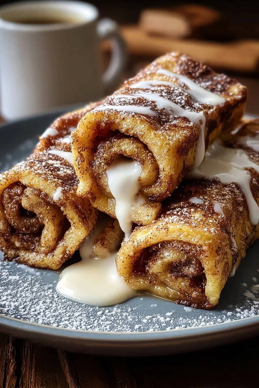 Delicious Cinnamon Roll French Toast Roll-Ups drizzled with icing and cinnamon sugar