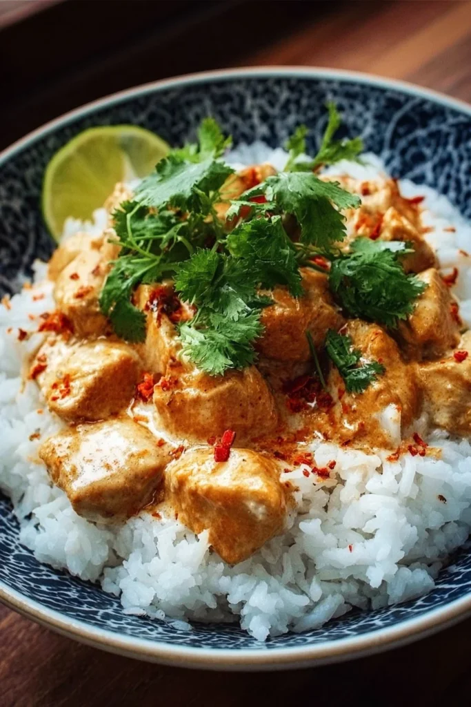 Delicious Coconut Chicken Rice Bowl served with fresh herbs and coconut milk