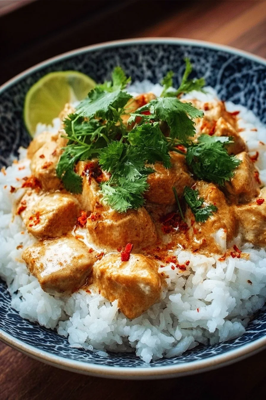 Delicious Coconut Chicken Rice Bowl served with fresh herbs and coconut milk