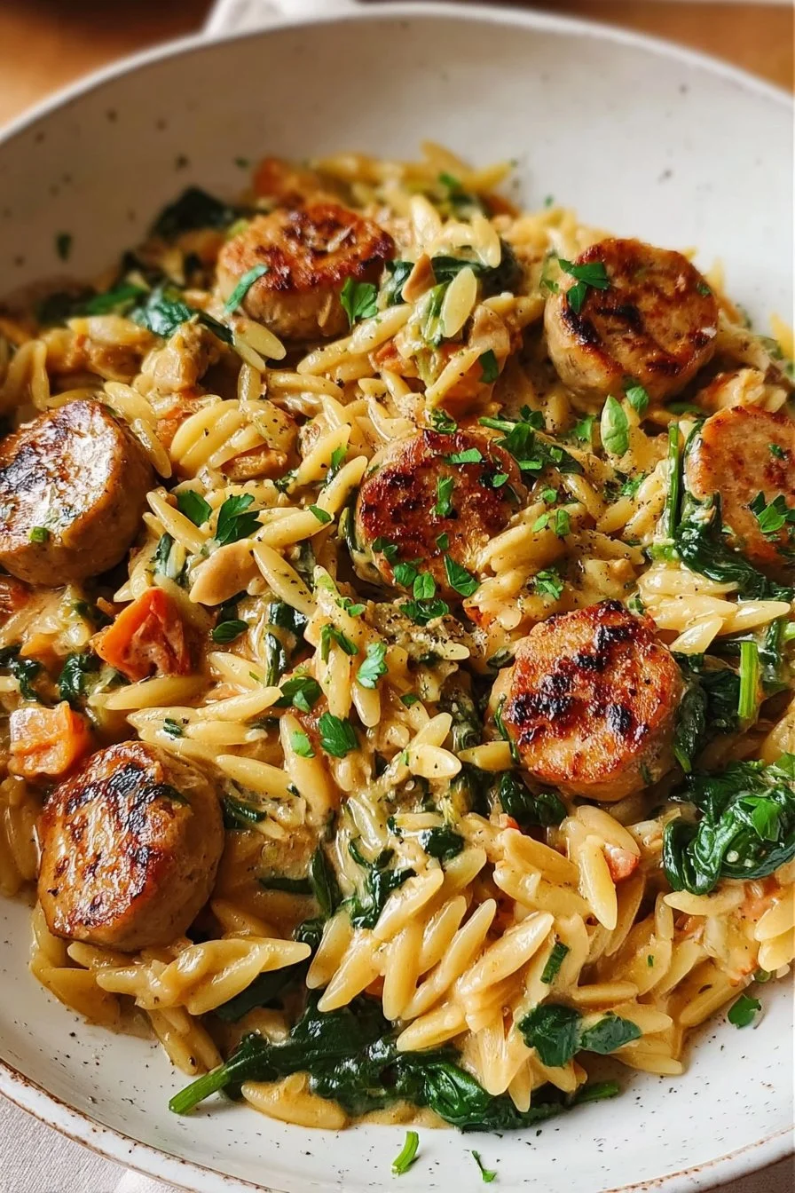 Creamy chicken sausage orzo served in a bowl, topped with fresh herbs.
