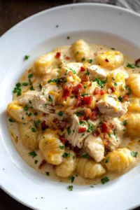 Creamy crack chicken gnocchi served in a bowl with herbs and spices.