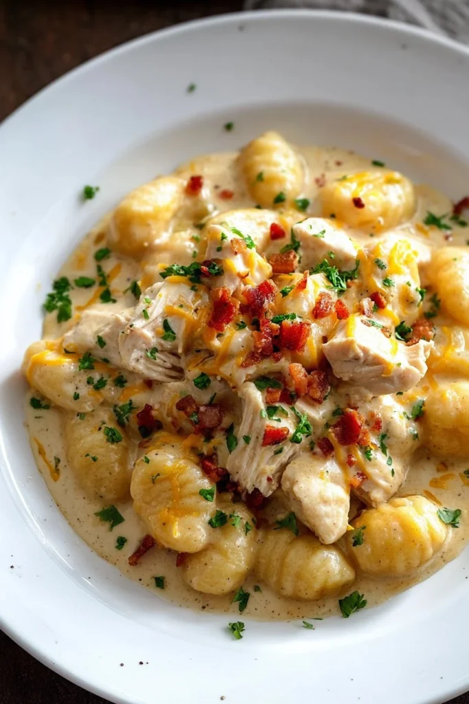 Creamy crack chicken gnocchi served in a bowl with herbs and spices.