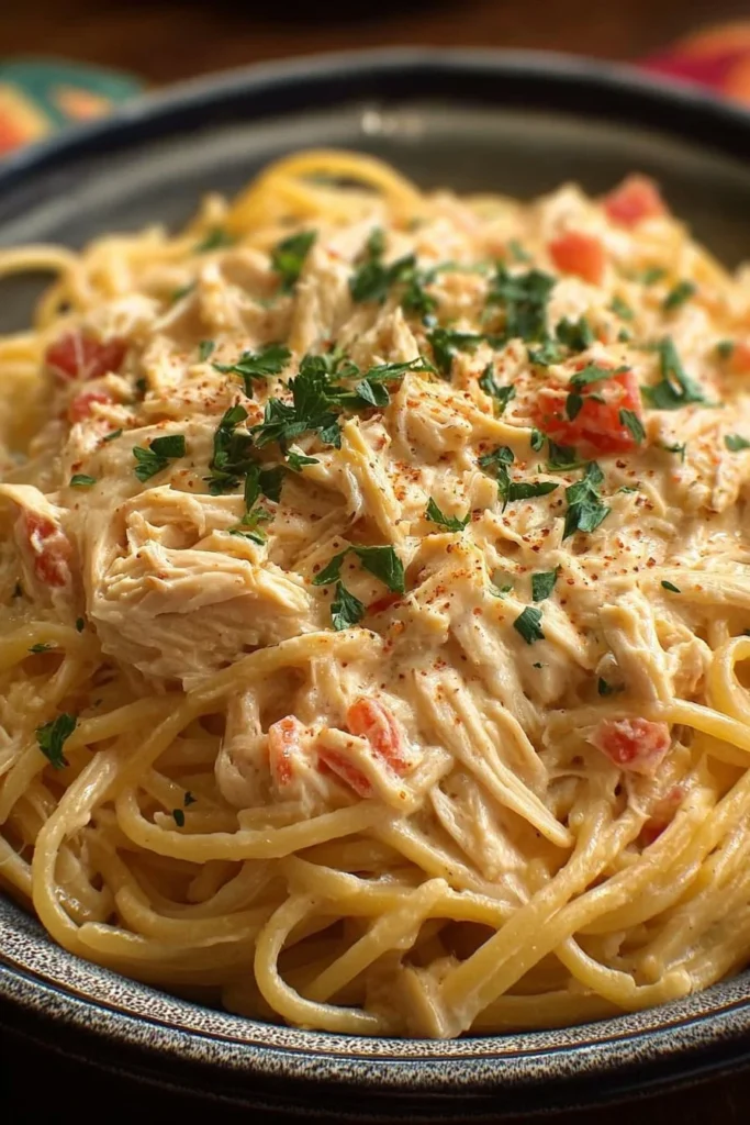 Creamy crockpot chicken spaghetti dish garnished with herbs in a bowl.