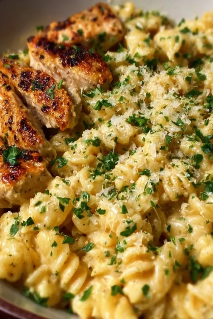 Creamy garlic parmesan chicken pasta served in a bowl with herbs.