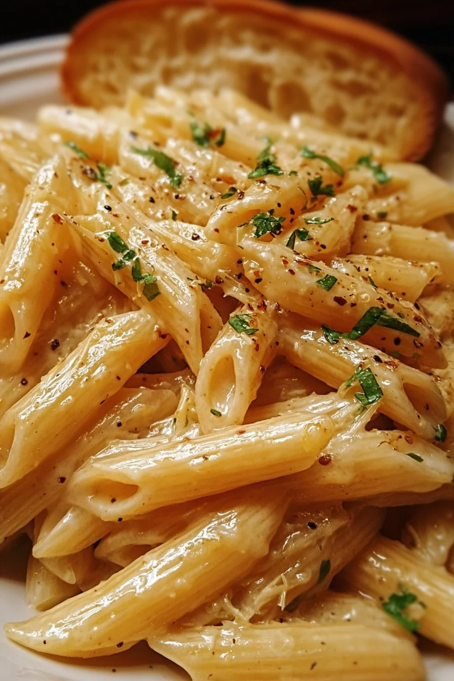Creamy garlic penne pasta garnished with parsley in a bowl
