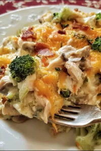 Creamy low carb chicken casserole served in a dish with vegetables