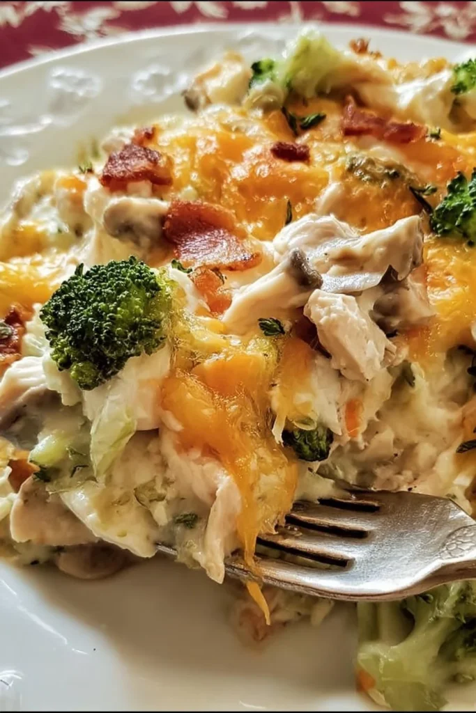 Creamy low carb chicken casserole served in a dish with vegetables