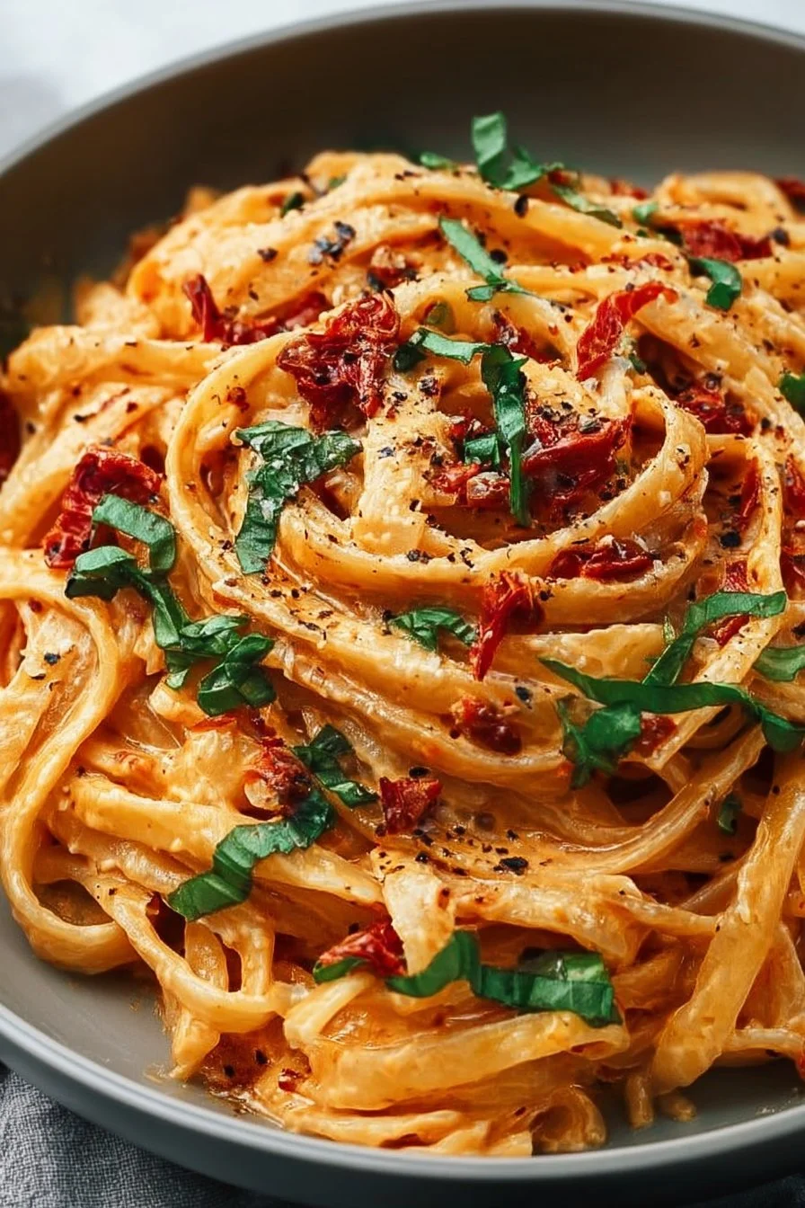 Creamy vegan sun-dried tomato pasta served in a bowl, garnished with herbs