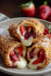 Delicious deep-fried strawberry cheesecake pies served on a plate