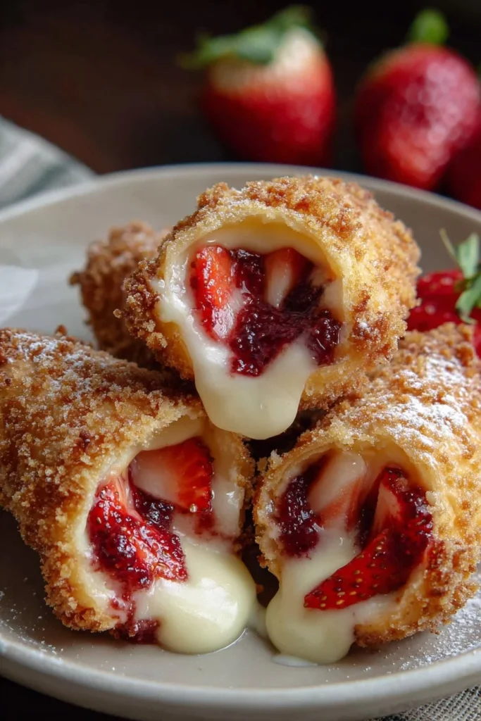 Delicious deep-fried strawberry cheesecake pies served on a plate