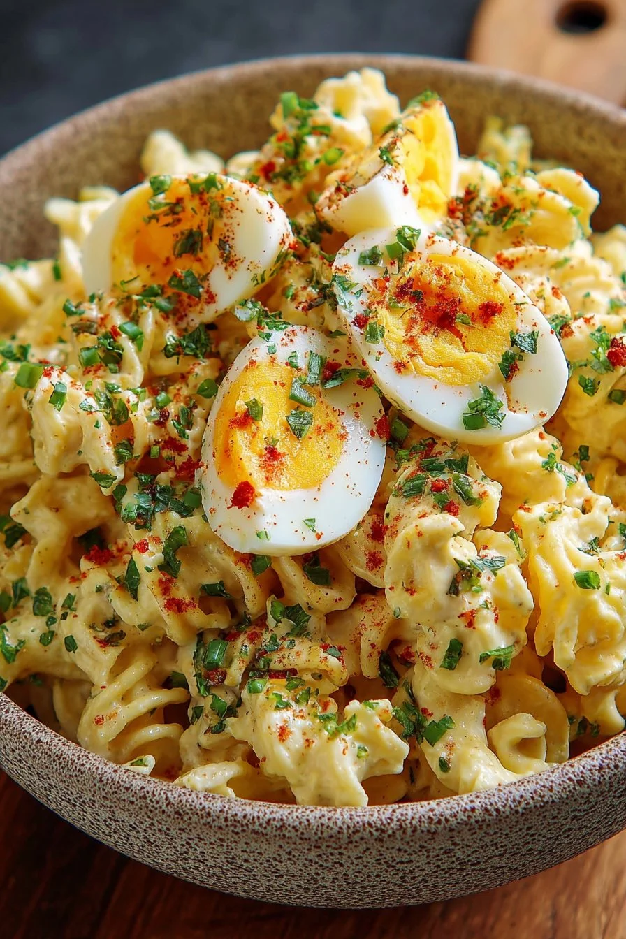 Delicious deviled egg pasta salad served in a bowl with garnish.