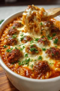 Delicious Dump and Bake Meatball Casserole with cheese and pasta