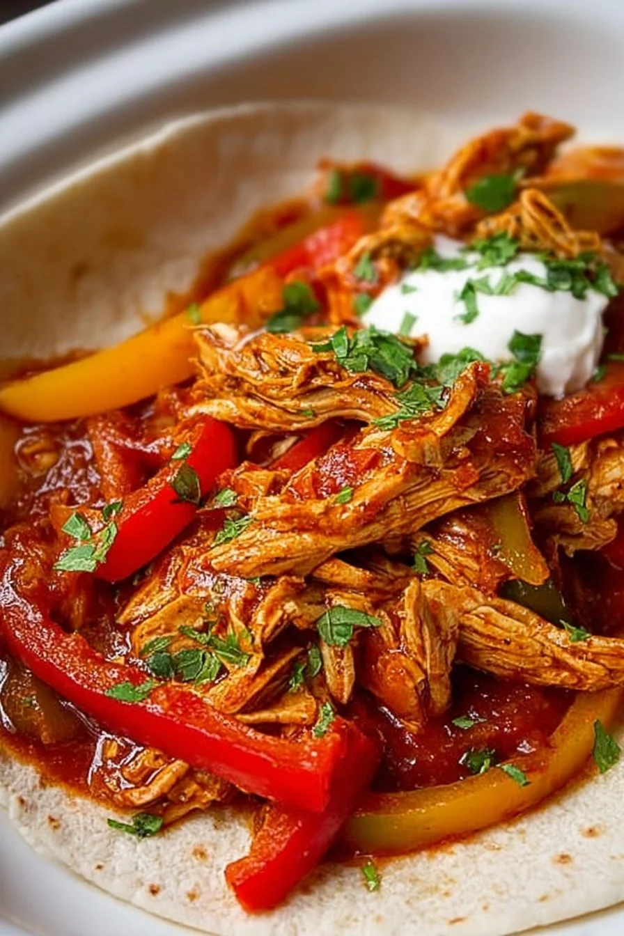 Bowl of delicious easy crockpot chicken fajitas with peppers and spices