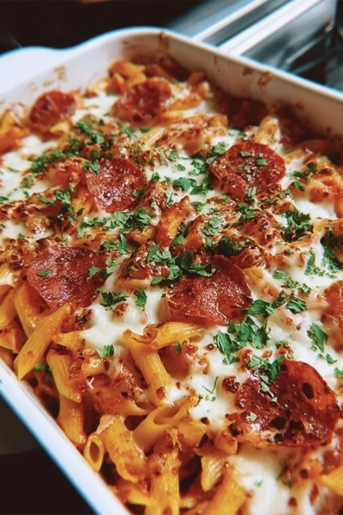 A cozy dish of easy pizza pasta bake topped with melted cheese and fresh herbs.
