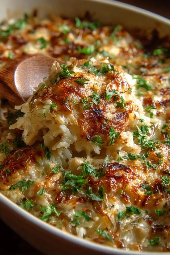 French Onion Chicken Rice Casserole 1 French Onion Chicken Rice Casserole topped with melted cheese