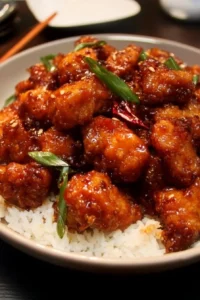 Plate of crispy General Tso's Chicken with sauce and vegetables