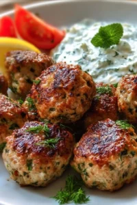 Greek Turkey Meatballs served with tzatziki sauce on a plate
