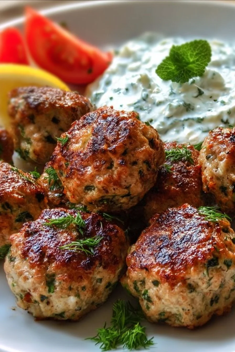 Greek Turkey Meatballs served with tzatziki sauce on a plate