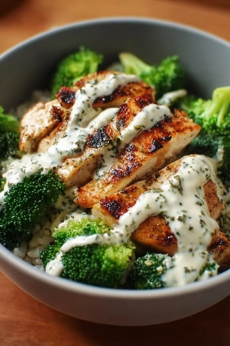 Grilled chicken broccoli bowls topped with creamy garlic sauce served in a white bowl.