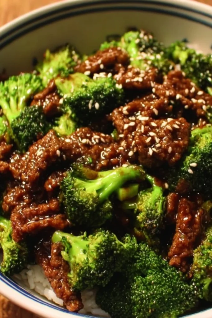 Plate of ground beef and broccoli stir-fry with colorful vegetables