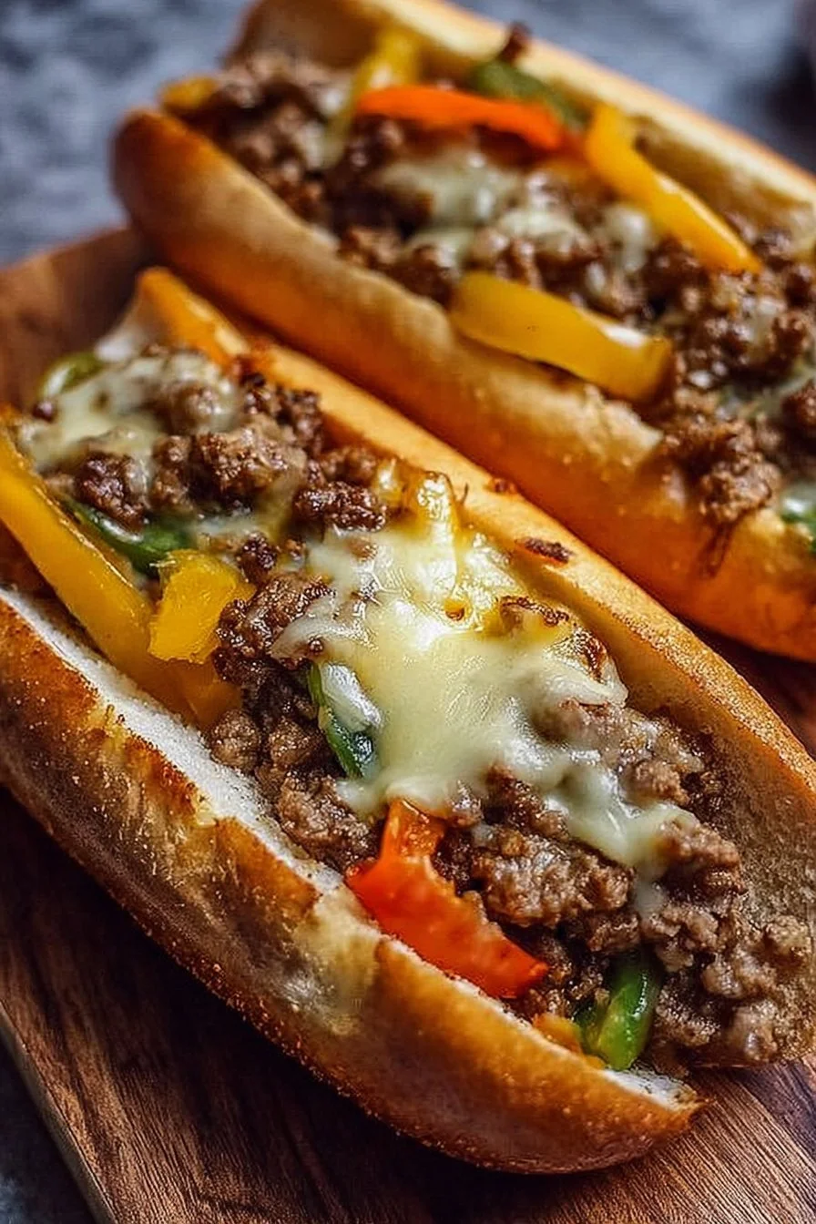 Delicious Ground Beef Philly Cheesesteaks with melted cheese and grilled onions