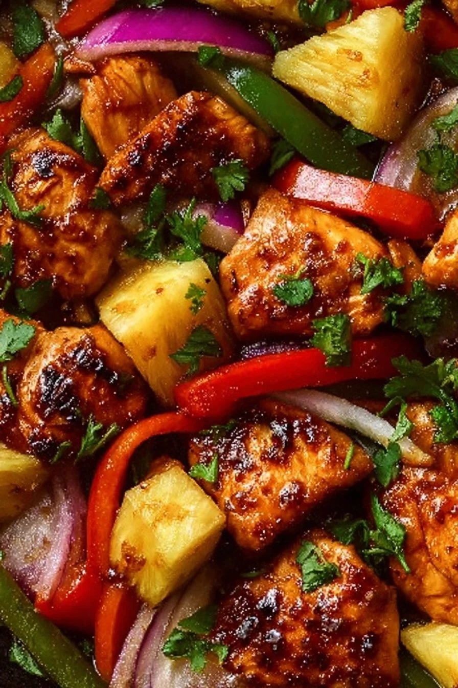 Delicious Hawaiian Chicken Sheet Pan meal with colorful vegetables.