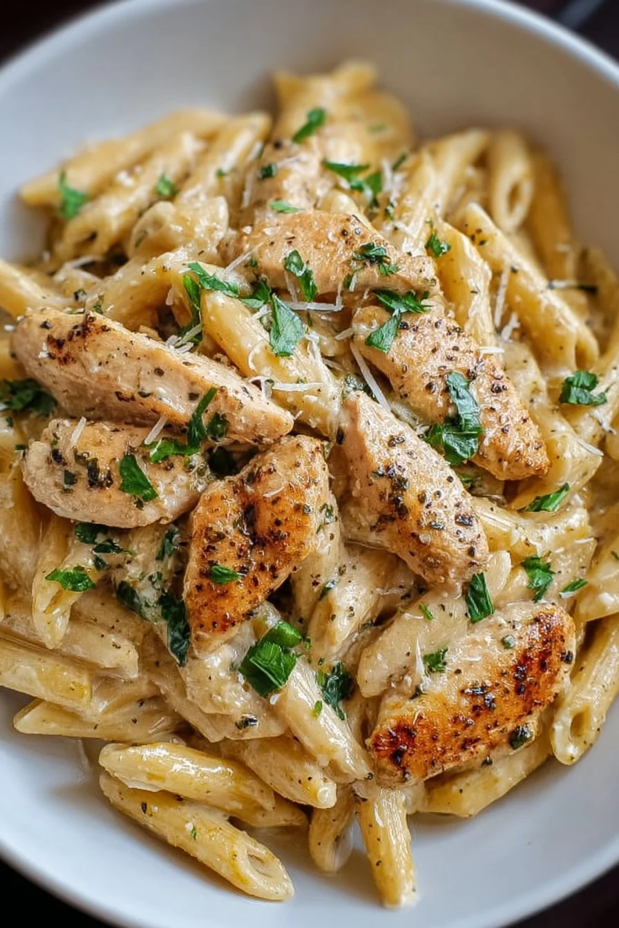 Healthy Garlic Parmesan Chicken Pasta with chicken and vegetables
