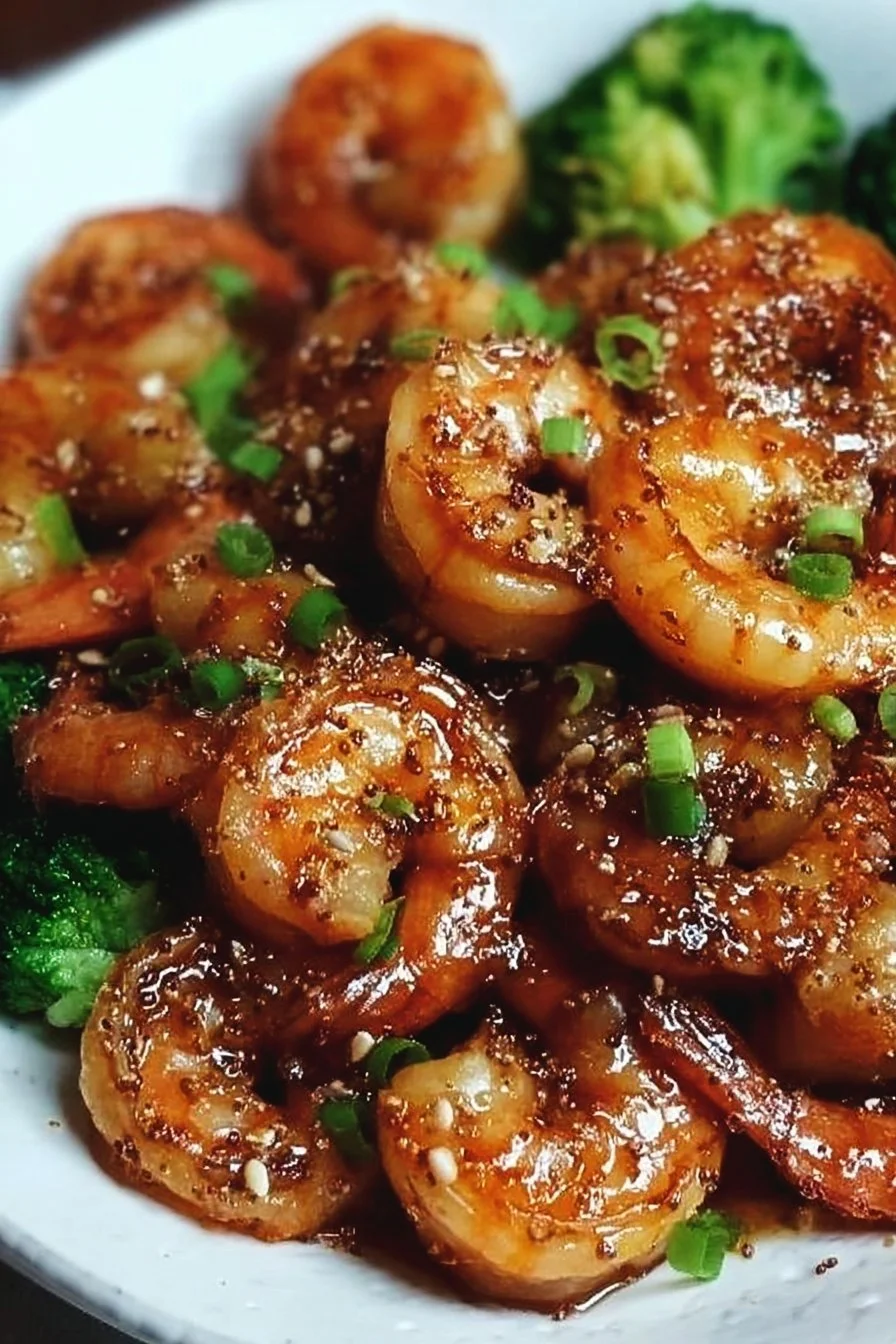 Plate of high-protein honey garlic shrimp garnished with herbs