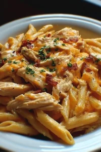 Delicious homemade crack chicken penne served in a bowl with herbs.